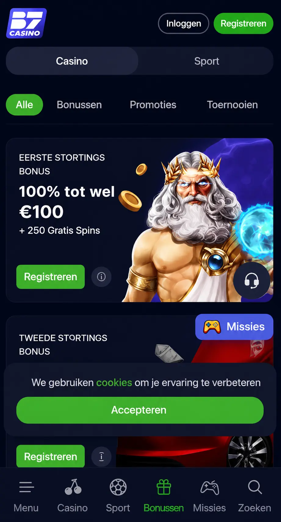 Mobiel casino op een smartphone met bonusaanbiedingen en navigatiemenu