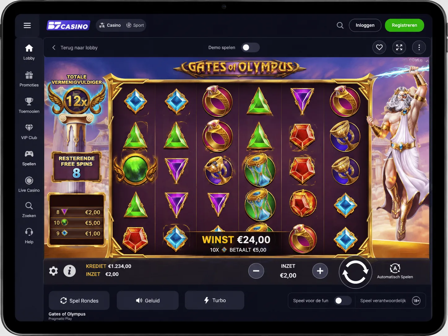 Online casino op een tablet met spelweergave, zijmenu en verantwoord-spelen opties