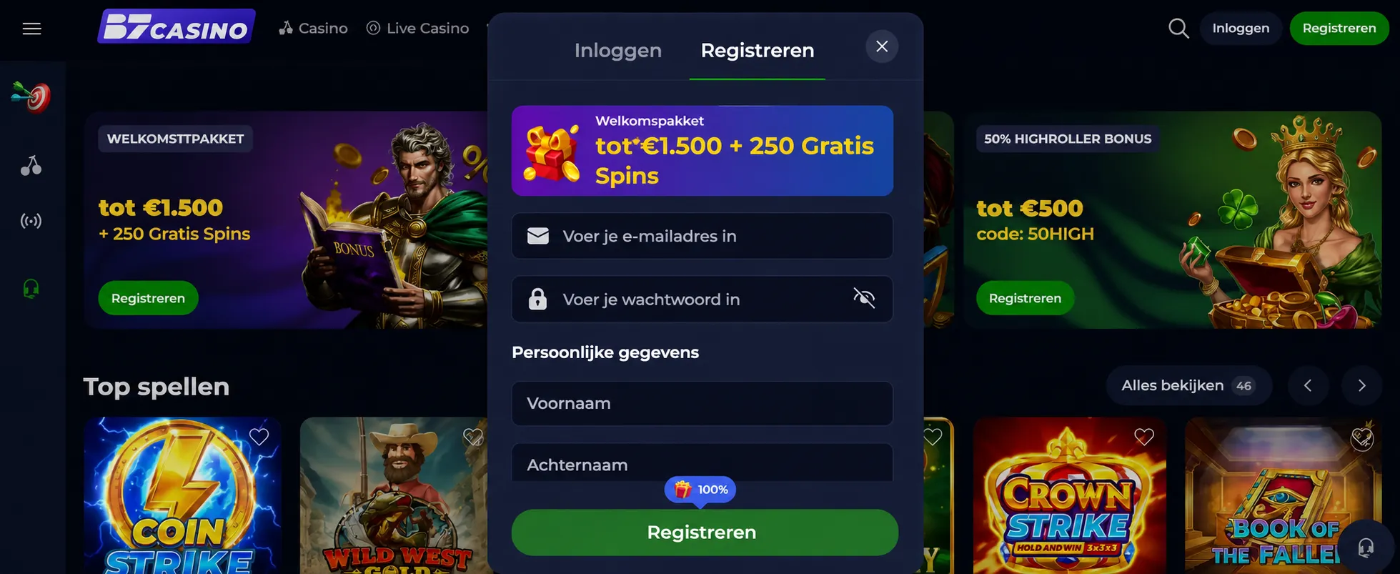 B7 Casino welkomstpakket met bonus en gratis spins in het registratiescherm