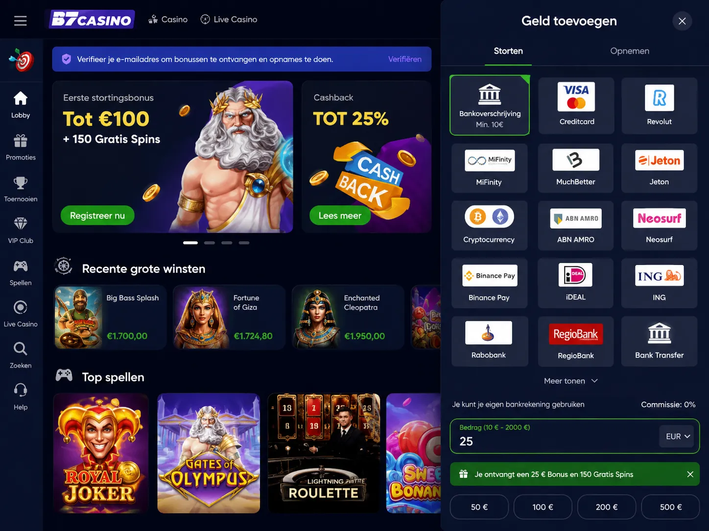 Bonus activeren bij een storting in de B7 Casino kassa